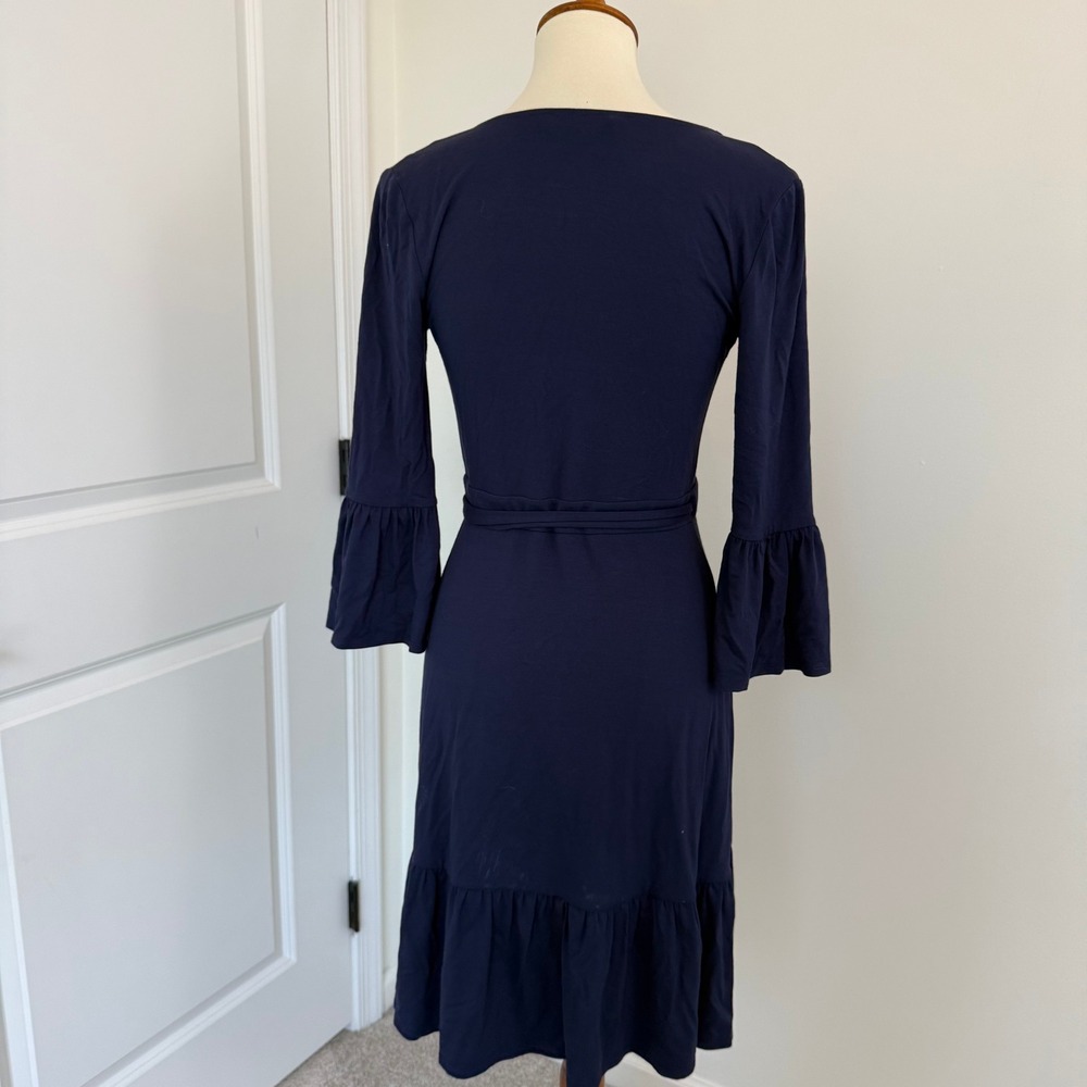 Lilly Pulitzer Navy Blue Ruffle Wrap Dress XS 3/4 Bell Sleeve V-Neck Jersey - Picture 4 of 12